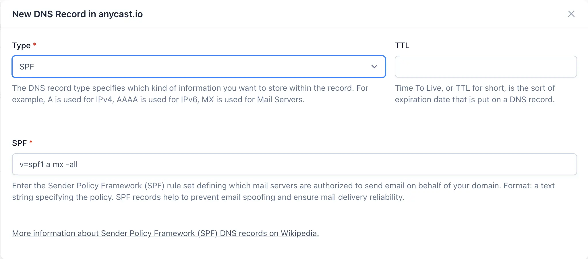 anycast.io SPF DNS Record