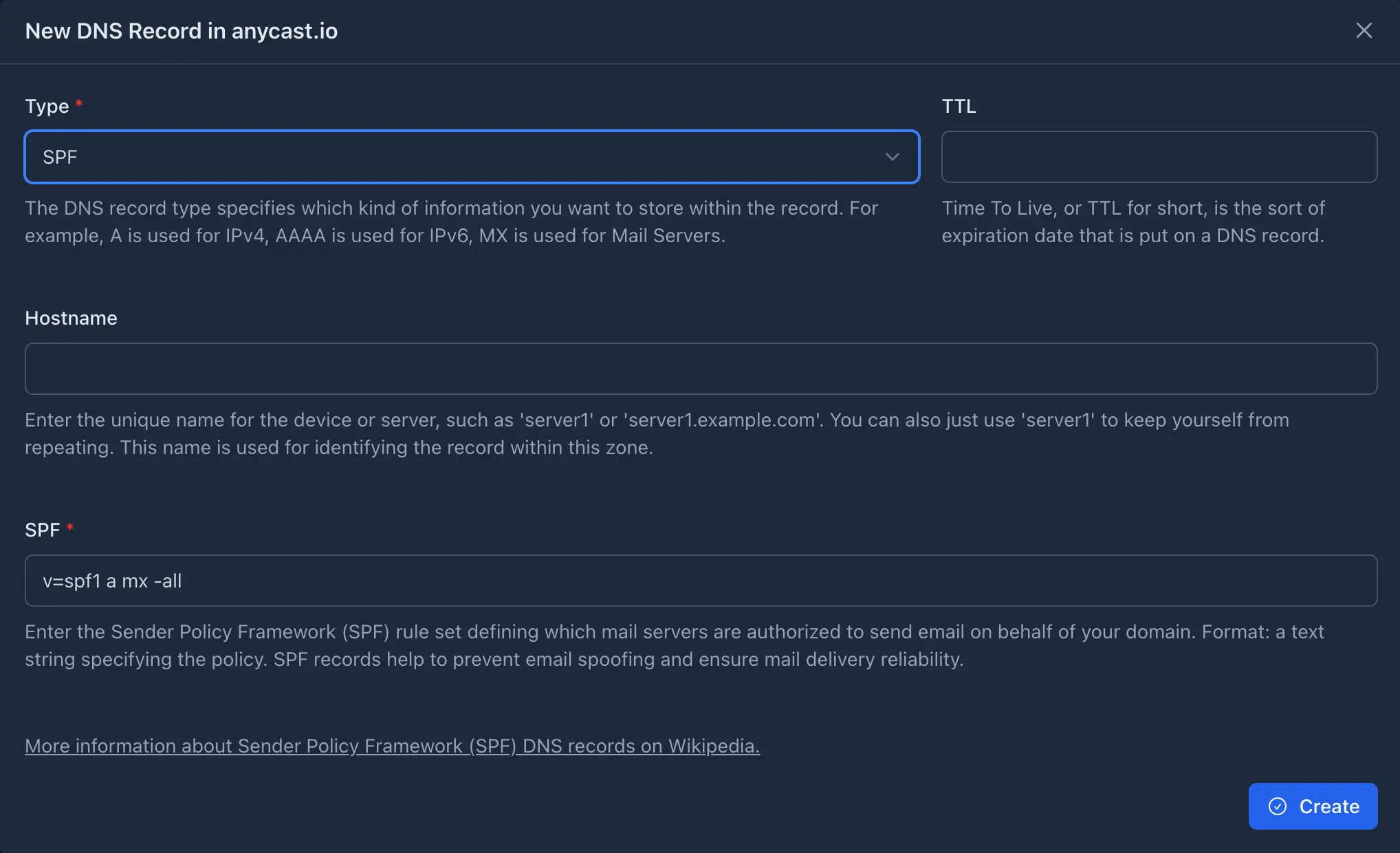 anycast.io SPF DNS Record